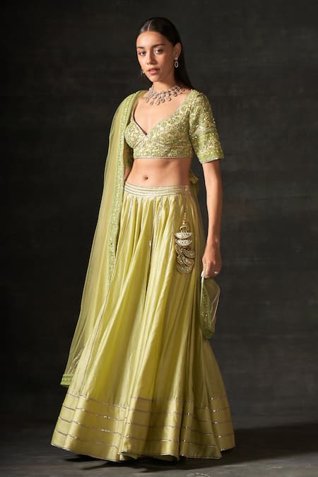 House of Exotique Green Net, Chanderi Embroidery V-neck Lehenga Set 