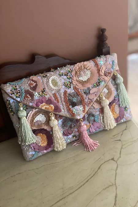 Bhavna Kumar Multi Color Antique Sequins And Beads Floral Embroidered Boho Clutch 