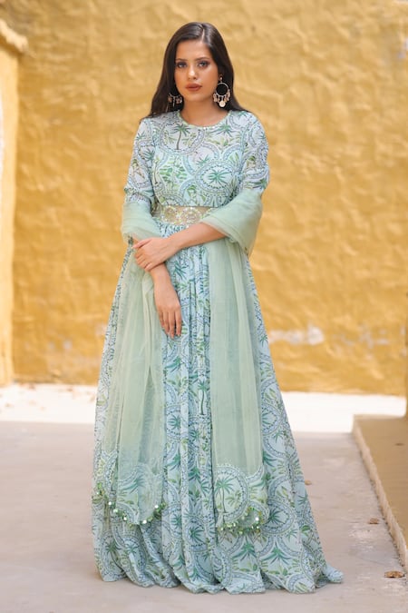 House Of Tushaom Green Georgette Printed Tropical Round Anarkali With Dupatta 