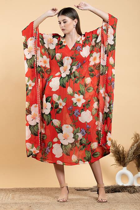 Divi By Sonal Khandelwal Red Bamboo V-neck Wild Rose Print Kaftan 