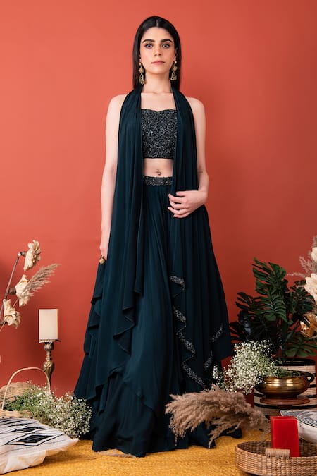 LABEL SHRISTI CHETANI Blue Crepe Hand Embroidered Sweetheart Neck Blouse Lehenga Set 