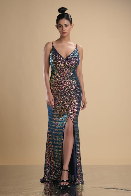 Kommal Sood Rainbow Sequin Embroidered Spaghetti Gown 