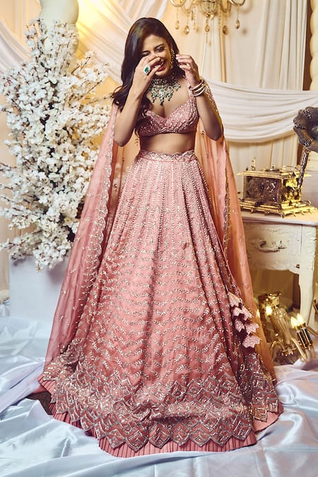 Shop Varun Chakkilam Pink Silk Organza Embroidery, Tassels V-neck Chevron Pattern Bridal Lehenga Set at Aza Fashions Shop_Varun Chakkilam_Pink Silk Organza Embroidery, Tassels V-neck Chevron Pattern Bridal Lehenga Set _at_Aza_Fashions