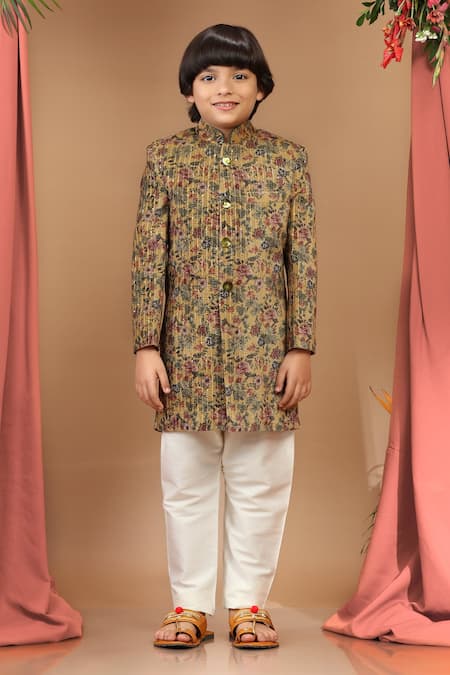 Kora By Nilesh Mitesh Velvet Mughal Print Sherwani Set 