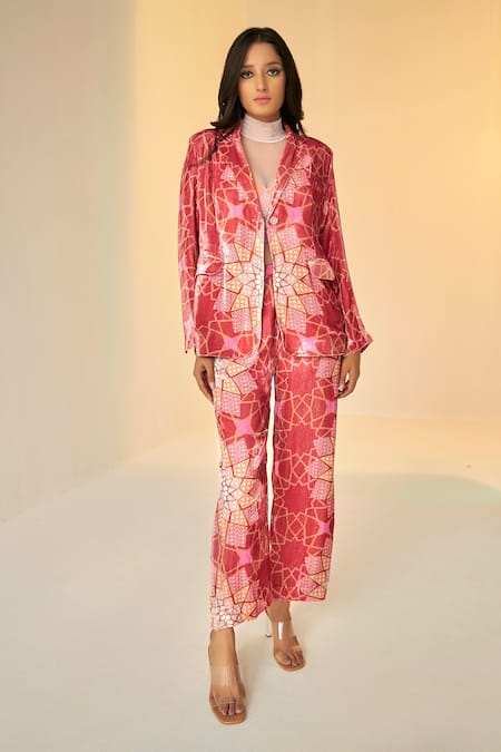 Betrue Floral & Geometric Print Jacket Pant Set 