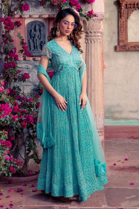 Light Blue Mirror Embellished Anarkali Suit