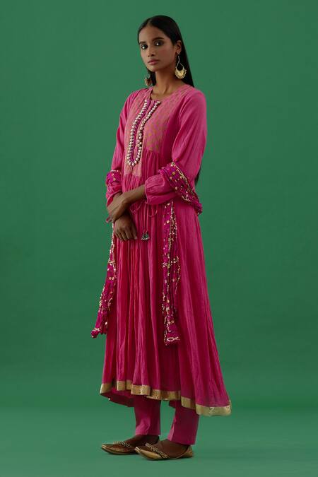 5elements_Pink Cotton Embellished Ghungroo Round Hand Stitched Anarkali And Pant Set _Online_at_Aza_Fashions