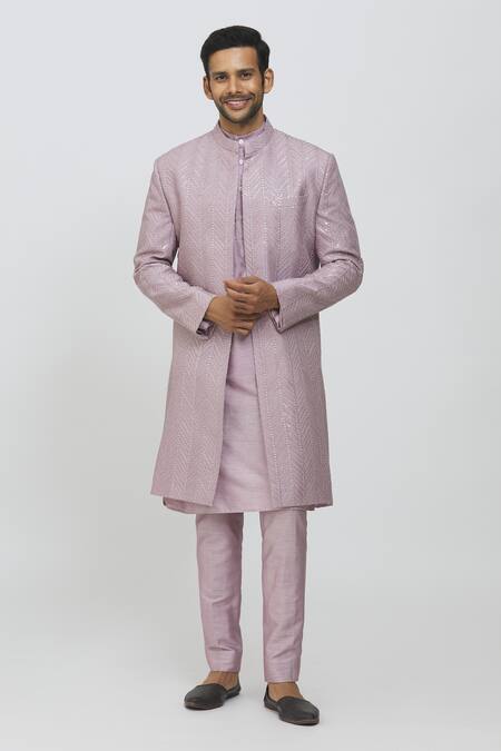 Priti Sahni Purple Silk Sequins, Embroidery Sherwani Pant Set 