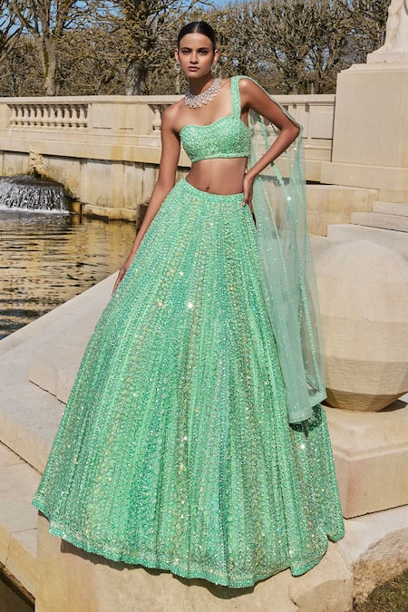Seema Gujral Green Net Embroidery Sequin One Shoulder Blouse And Lehenga Set 