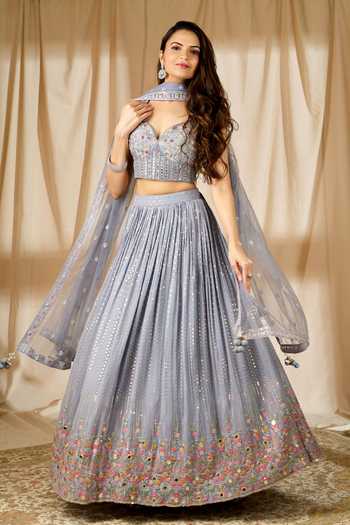 Buy_Aariyana Couture_Grey Denim, Georgette, Net Sequins, Mirrors, Beads Embroidered Lehenga Set_Online_at_Aza_Fashions