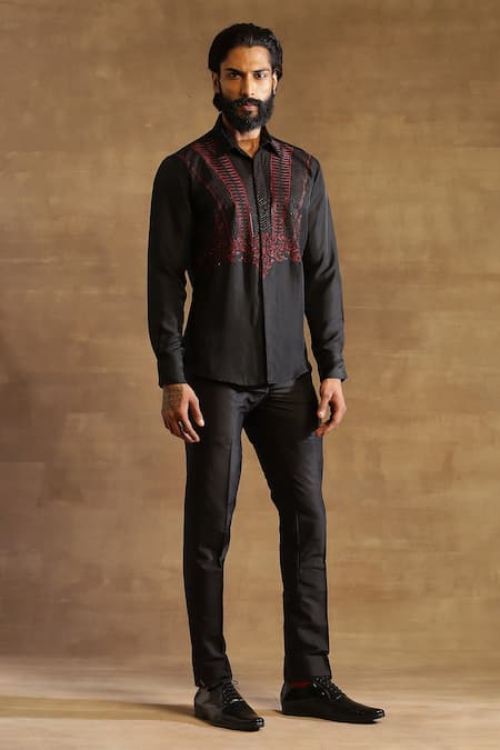 Raghavendra Rathore Jodhpur Black Silk Embroidered Applique Shirt