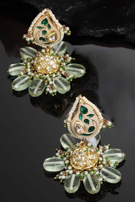 Dugran By Dugristyle Green Pearls, Lace, Stones Meenakari Paisley Embellished Jhumkas
