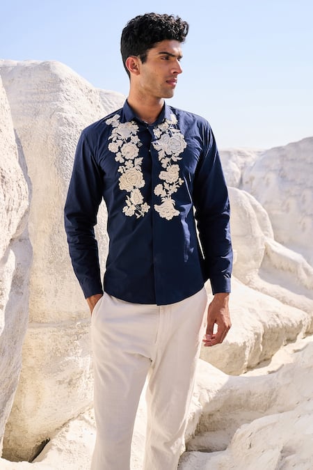 Dash and Dot Blue 100% Organic Cotton Embroidery Thread Floral Shirt  