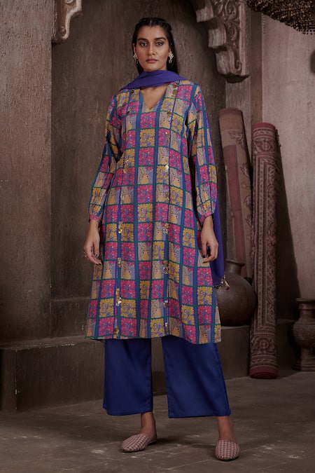 AFFROZ Blue Viscose Crepe Printed Floral V Neck A-line Kurta Palazzo Set 