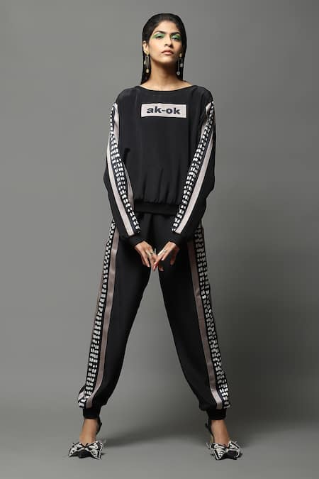 AK-OK Black Abstract Pattern Sweatshirt & Joggers Set 