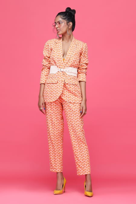 Raasa Orange Crepe Printed Tulip Jacket Ulta Blazer And Pant Set 