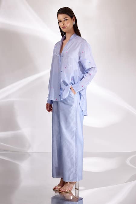 Betrue Blue Habutai Silk Embroidered Thread Motifs Chinese Oversized Shirt  