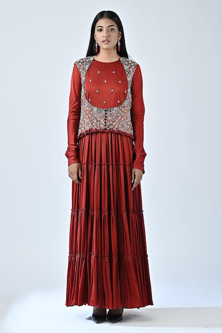 Sejal Kamdar Ajrakh Print Yoke Tiered Dress 