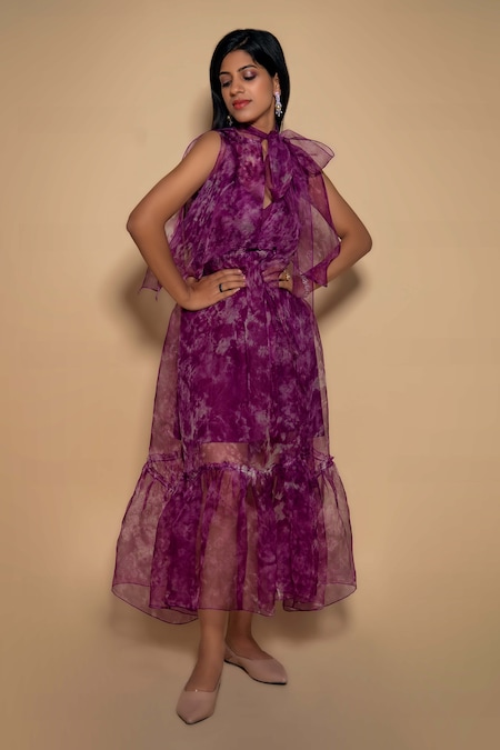 Ranng Label Purple Organza Tie And Dye Tie-up Neck Sheer Dress 