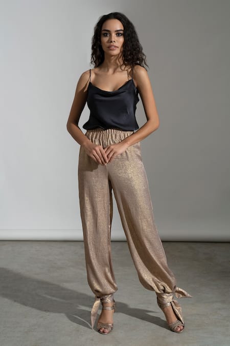 Buy Black Shell 100% Viscose Satin Plain Camisole With Metallic Pant Set  For Women by AMRTA Online at Aza Fashions.