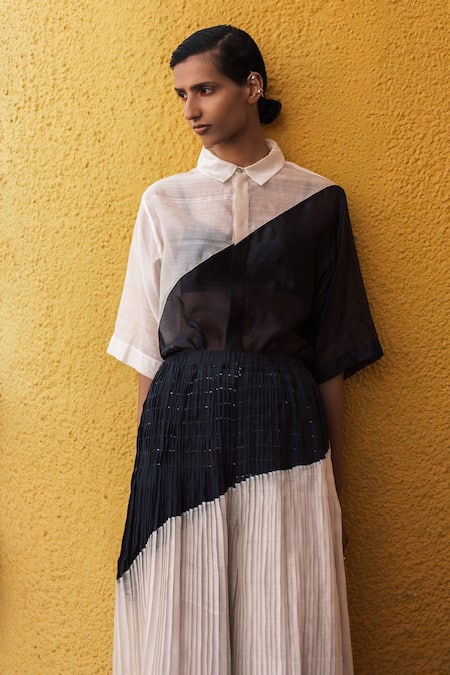 Urvashi Kaur Opaco Chanderi Cotton Silk Color Block Shirt 