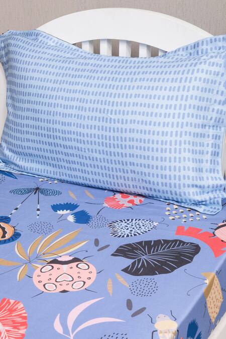 Kyoona_Blue 100% Cotton, Satin Weave Flora And The Forest Of Adventures Bedsheet Set_Online_at_Aza_Fashions