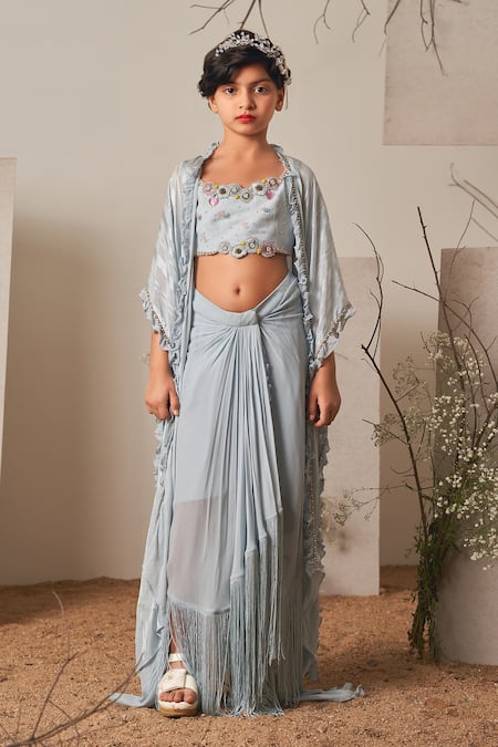 Women Embroidered Crop Top With Dhoti Skirt And Long | Shrug for dresses,  Womens dresses, Indo western dresses for women