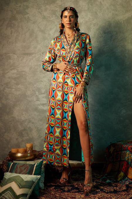 Esha L Amin Multi Color Viscose Crepe Printed Geometric Shirt Blazer Maxi Dress 
