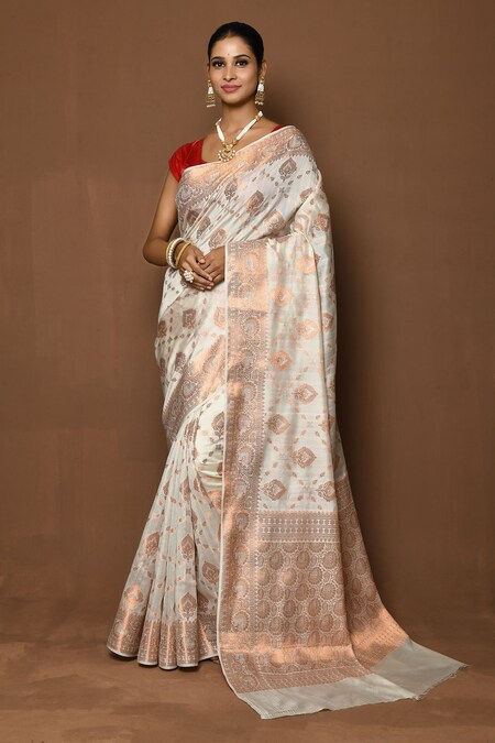 Nazaakat by Samara Singh White Silk Woven Floral Vine Border Saree