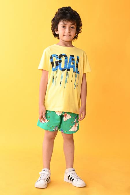 Anthrilo - Yellow Goal Print T-shirt And Contrast Shorts Set For Boys