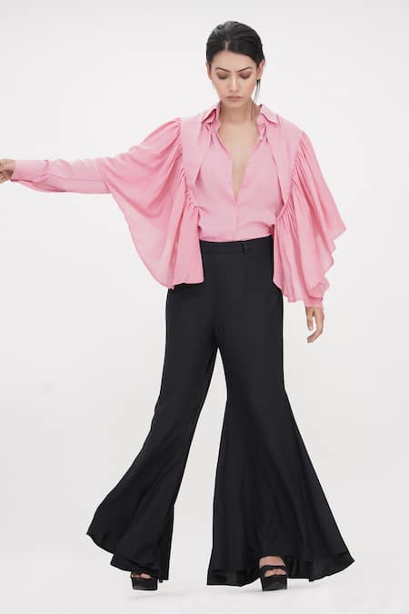 Shruti S Pink Cotton Collared Ruffle Trim Shirt 