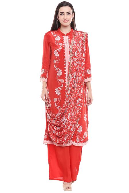 Buy_Soup By Sougat Paul_Red Crepe Floral Mandarin Collar Draped Kurta And Palazzo Set _Online_at_Aza_Fashions