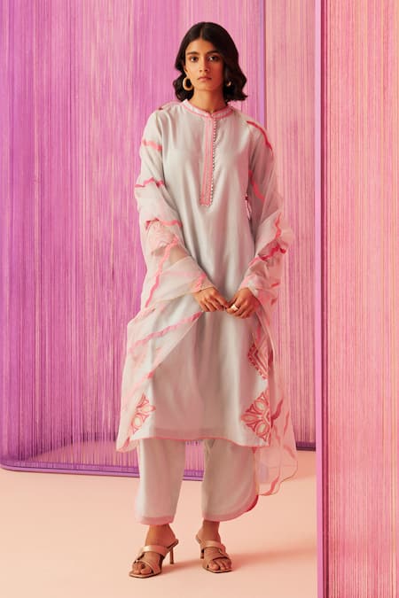 Sureena Chowdhri Floral Applique Silk Chanderi Kurta Set 