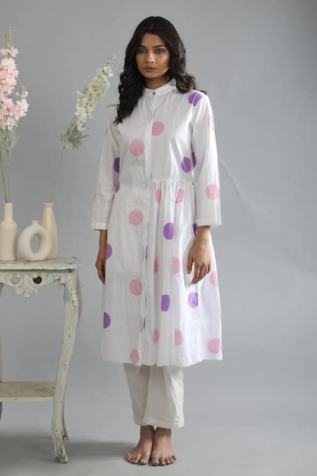 Buy Khat White Cotton Bandeau Neck Polka Pattern Shirt Dress at Aza Fashions Buy_Khat_White Cotton Bandeau Neck Polka Pattern Shirt Dress _at_Aza_Fashions