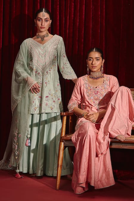 Ajiesh Oberoi Pink Dupion Silk And Organza Embroidered Floral Manu Kurta & Gharara Set 