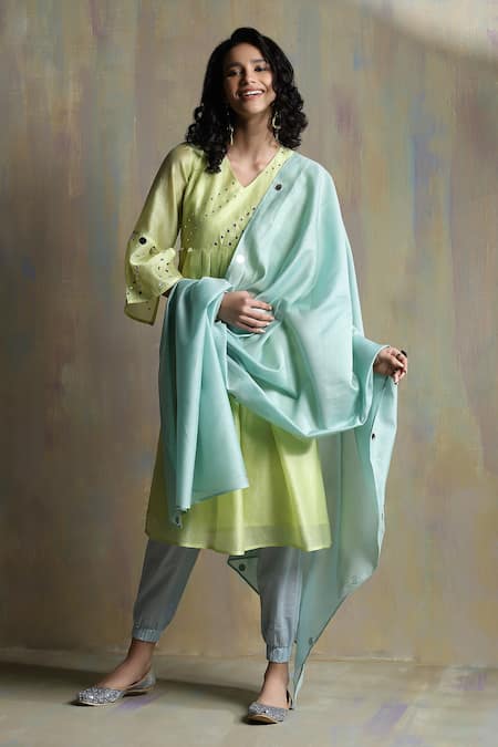 Shop_Charkhee_Yellow Chanderi, Cotton Mirrors V-neck Work Kurta Joggers Set _Online_at_Aza_Fashions
