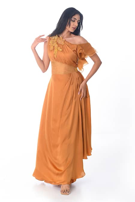 PIRI INDIA Yellow Satin Hand Embroidered Thread One Sleeve Cocktail Gown  