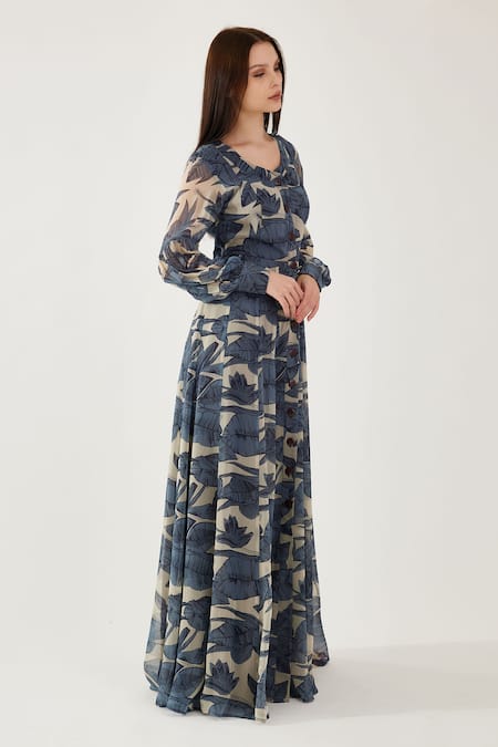 Koai_Blue Chiffon Embroidery Round Neck Floral Print Button Down Dress _Online_at_Aza_Fashions