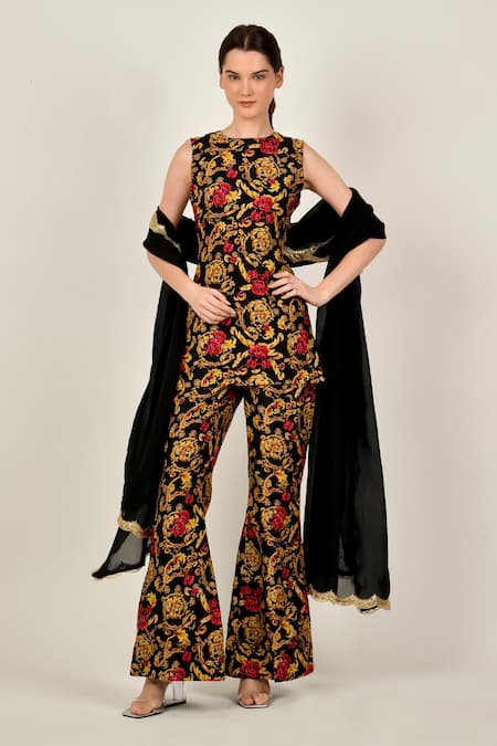 SANAM Black Versailles Floral Pattern Kurta Trouser Set 