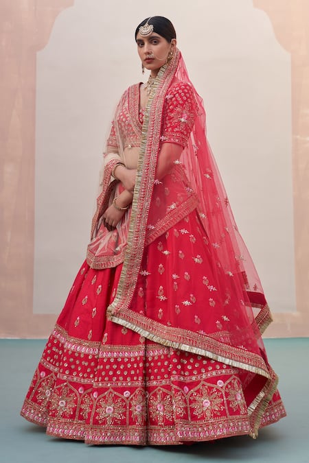 Angad Singh Red Raw Silk Embroidery Zardozi Leaf Neck Floral Pattern Bridal Lehenga Set 