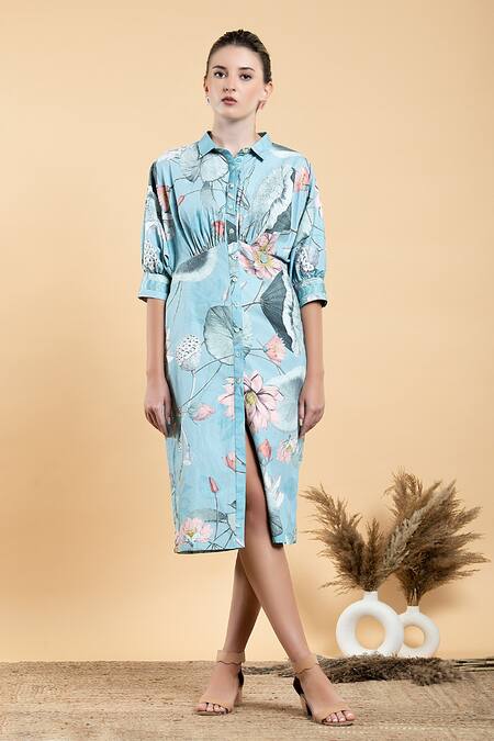 Divi By Sonal Khandelwal_Sky Blue Cotton Embroidery Collared Lotus Print Shirt Dress _Online_at_Aza_Fashions