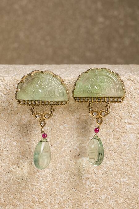 Tarun Tahiliani Green Fluorite Carved Moon Drop Earrings