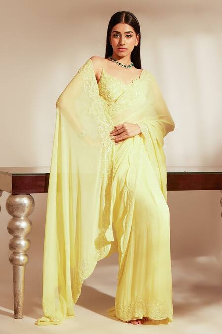 Exclusive Thread Work Embroidered Net Light Yellow Saree|SARV140674