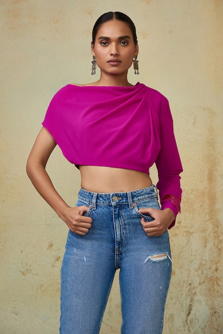 Buy Magenta Satin Embroidered Beads Draped Asymmetric Crop Top For