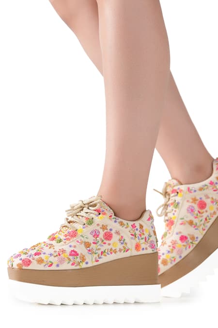 Anaar Multi Color Embroidered Corsage Signature Sneaker Wedges