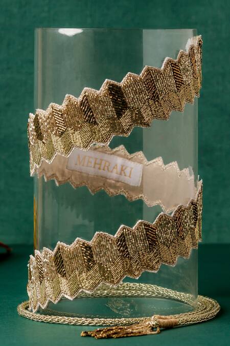 Shop_Mehraki_Gold Zari, Cut Work Zardozi And Cutdana Embroidered Belt_at_Aza_Fashions