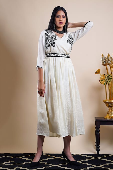 Bhusattva White Organic Silk Embroidery Thread V Neck Bodice Dress With Belt  