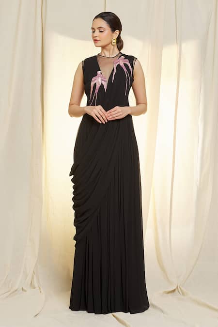 Navy Georgette Draped Saree Gown – Jasminum