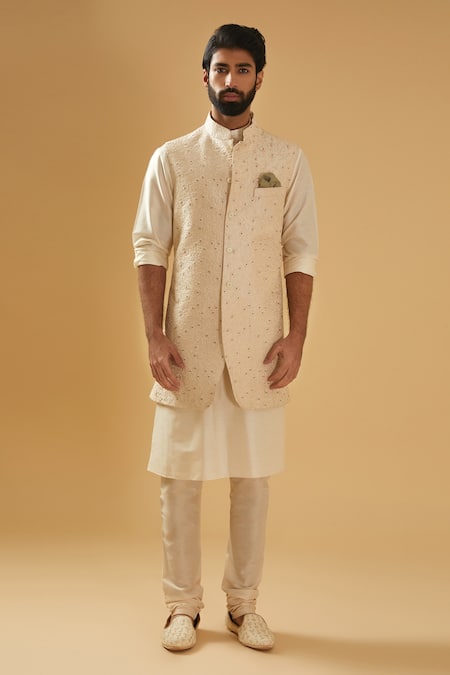 Raghavendra Rathore Blue_Off White Silk Embroidery Thread Bundi Jacket _Online_at_Aza_Fashions