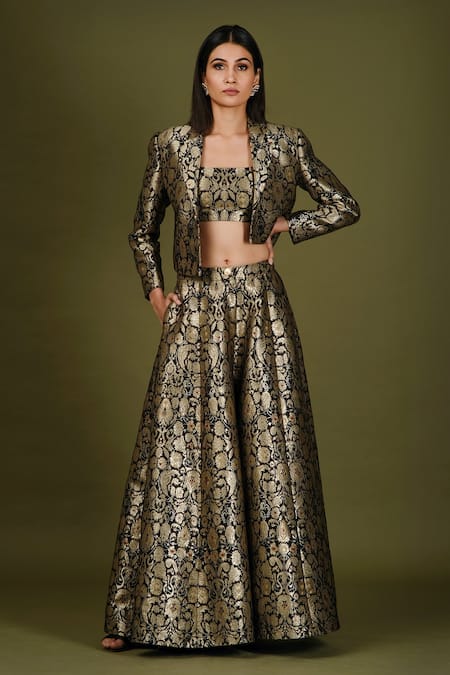 Golden Jacquard Banarasi Brocade Blazer With Pant-102408
